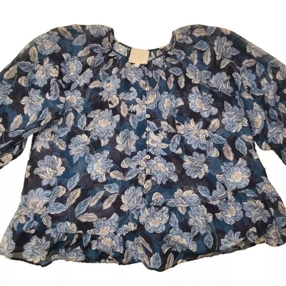 Womens XL Johnny Was Jade 'Nerissa' Blue Cotton Silk Floral Button Up Blouse Top - Picture 4 of 7